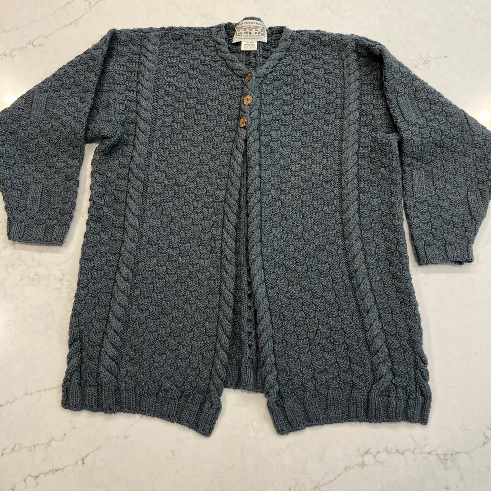 Aran Sweater Market Merino Wool Cardigan‎ Green Gray Cable Knit Ireland Womens M